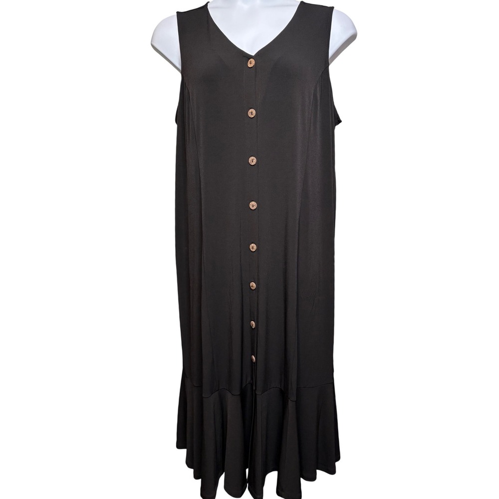 SUSAN GRAVER Womens Black Liquid Knit Button Front Maxi Dress XL Ruffle Hem Chic